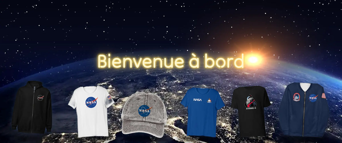 Vêtements NASA de NASA Shop France sur fond de Terre vue de l'espace : sweat zippé, t-shirts, casquette et blouson