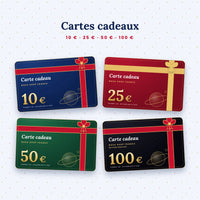 Cartes cadeaux NASA Shop France de 10, 25, 50 et 100 euros, avec ruban et planète dorée