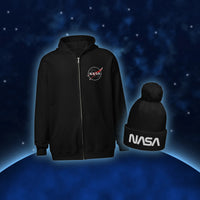 Pack Duo Hiver NASA : sweat à capuche zippé brodé Meatball et bonnet à pompon noir